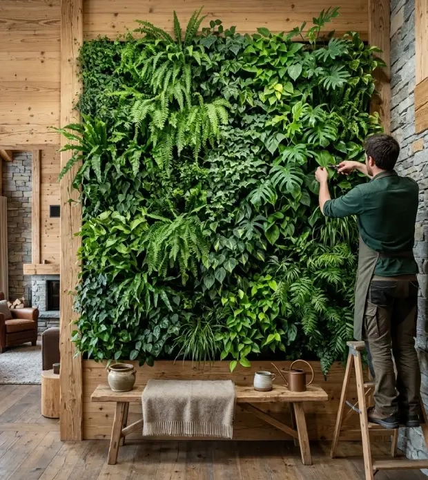 Mur végétal vivant habillant un séjour de chalet, décoration végétale intérieure en Savoie