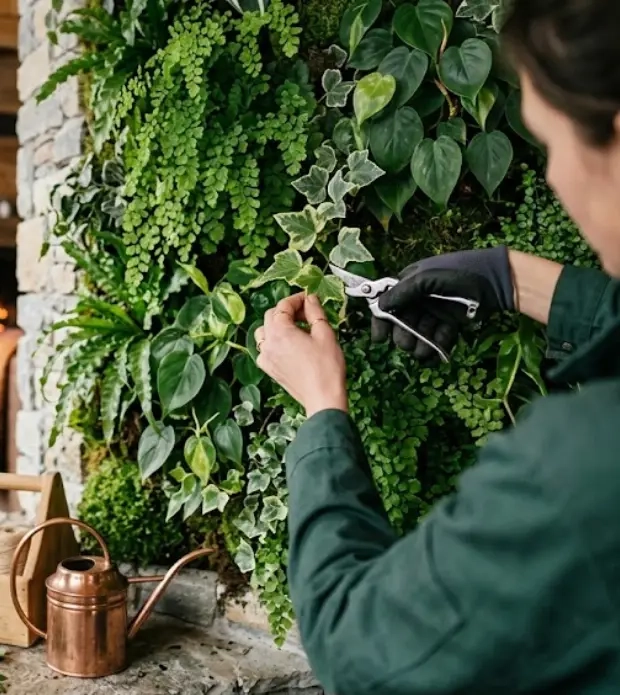 Paysagiste taillant un mur végétal lors de l’entretien d’une décoration intérieure en Savoie