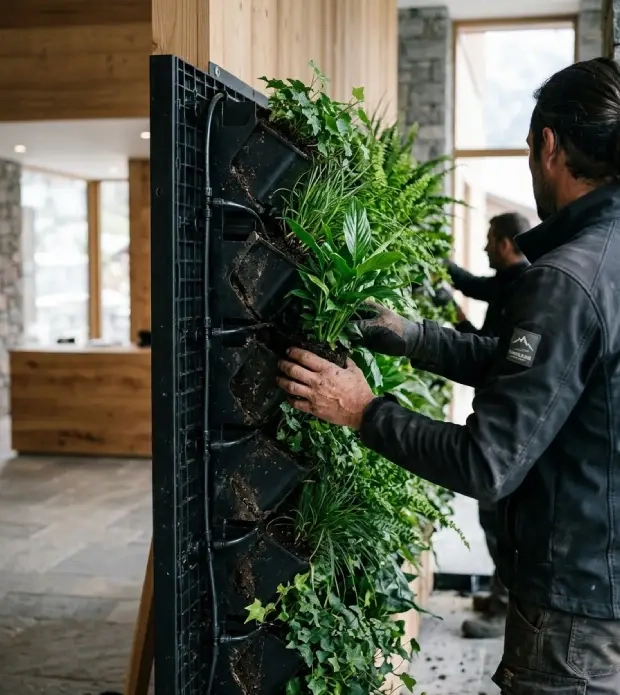 Mur végétal dans un hall d’hôtel alpin, décoration végétale intérieure pour professionnels en Savoie
