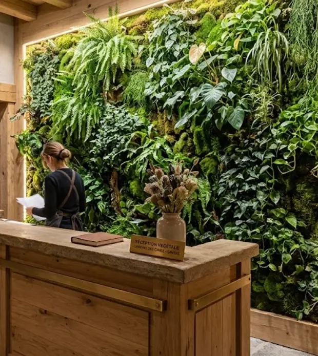 Mur végétal dans un hall d’hôtel alpin, décoration végétale intérieure pour professionnels en Savoie